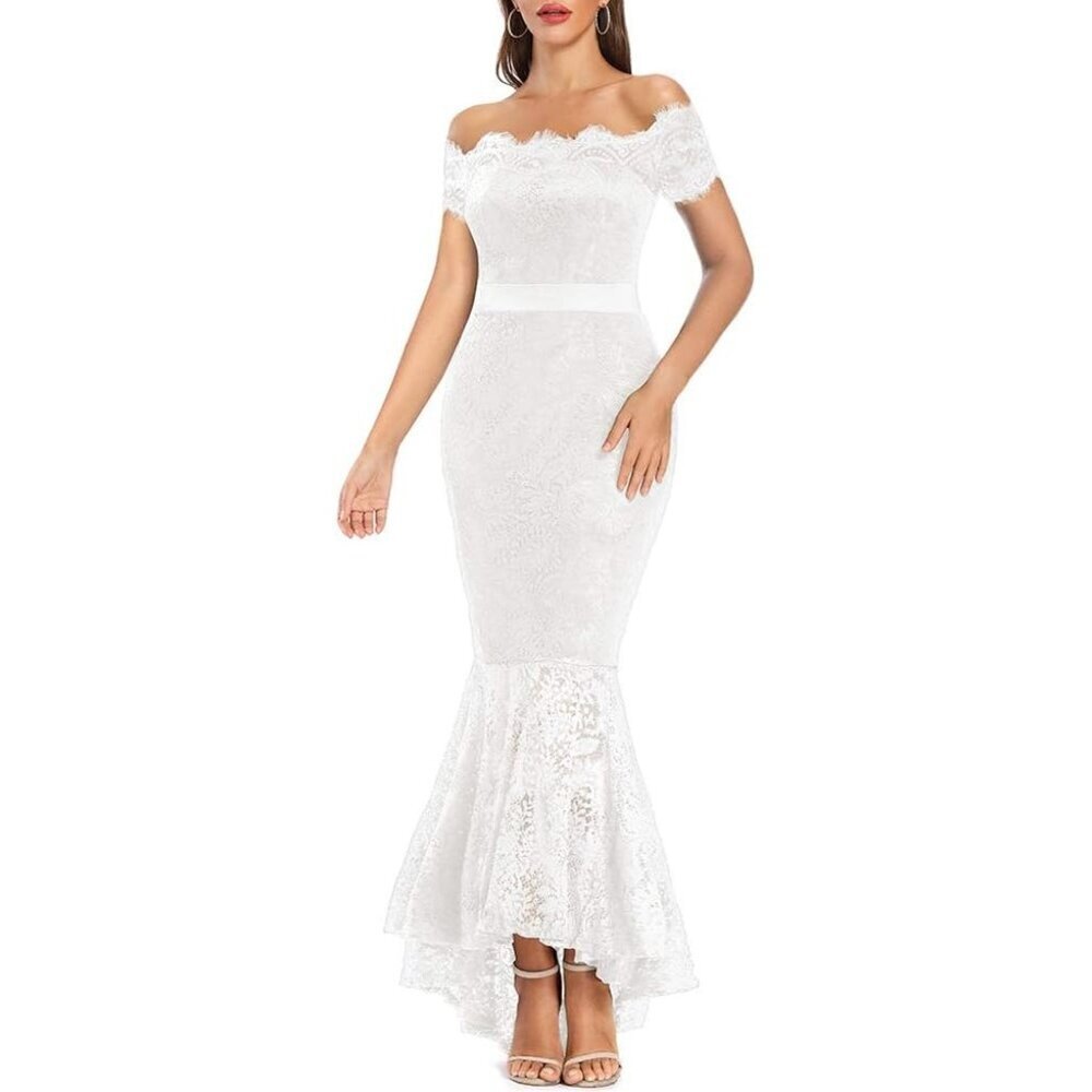 Women's White Floral Lace Short Sleeve Off Shoulder Wedding Mermaid Dress